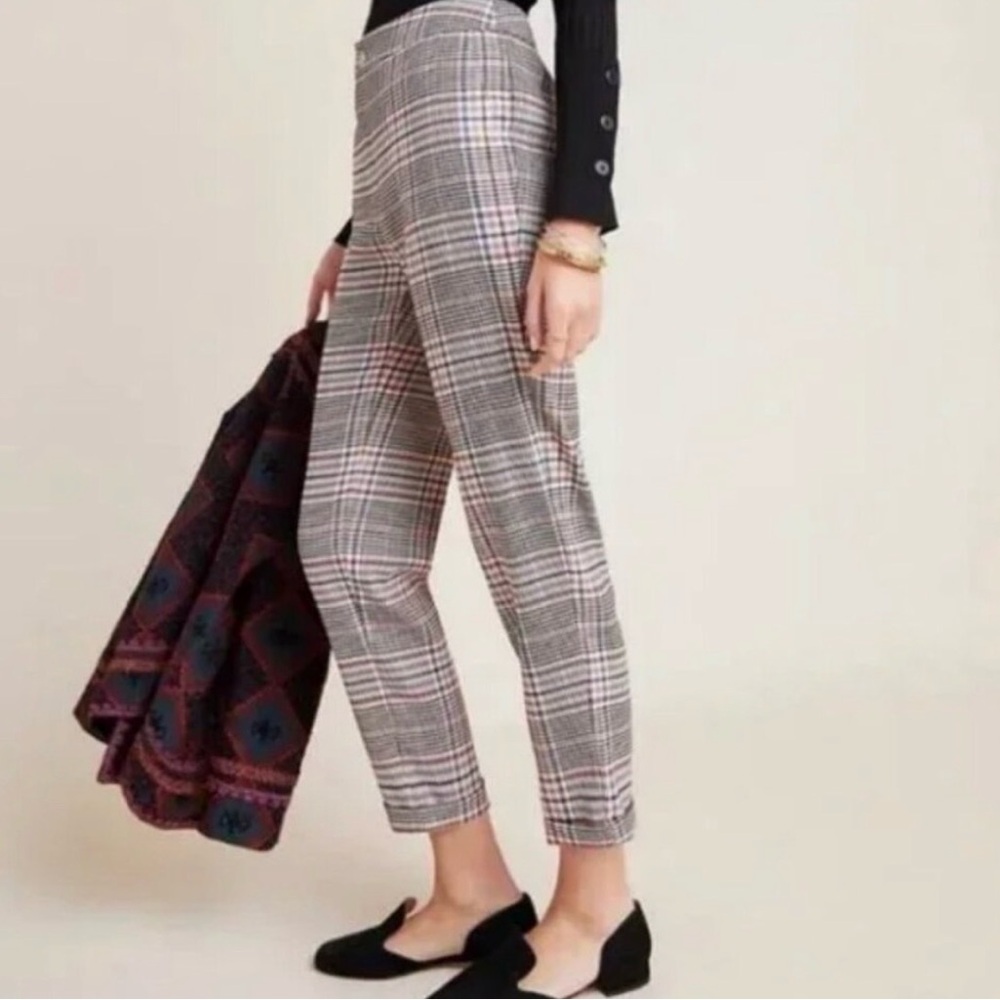 Anthropologie Malcolm Plaid Tapered Trousers Cuffed Ankle Houndstooth Size 10